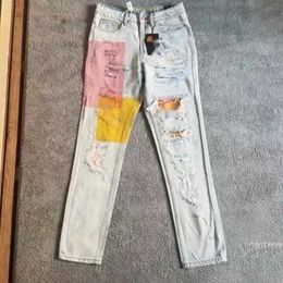 Мужские джинсы DREW смайлик Джинсы унисекс с вышивкой, рваные джинсы с нашивкой в виде брызг, высокое качество, вставка с надписью, прямые штанины