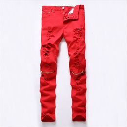 Jeans masculino Drop Red White Black Jeans rasgado na altura do joelho Zíper Biker Jeans Men Slim Skinny Torn Jean Jeans Jeans Feminino de Algodão 230729