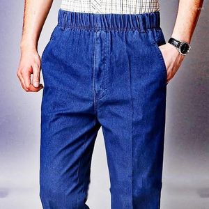 Jeans para Hombres Durable Ropa De Trabajo Al Aire Libre Pantalones Rectos Hombres Cintura Elástica Casual Pierna Ancha Pantalones De Mezclilla De Algodón Grueso Clásico Suelto Papá