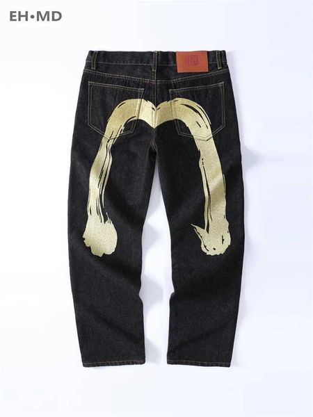 Jeans pour hommes EH MD fil d'or japonais M jean brodé homme ample droit Hip Hop populaire coupe ajustée noir Denim pantalon rouge oreille coton 24 T231227