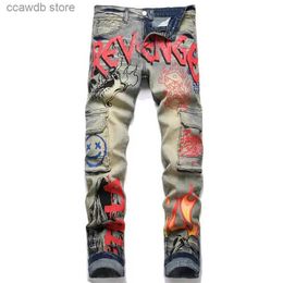 Jeans voor heren EHMD Kleurgeschilderde graffiti-jeans Heren Gescheurde elastische slanke geborduurde broek Leren label Spot Geplooid Patchwork Scratch Art2 T240109