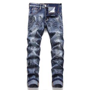 Herenjeans ehmd geborduurde cartoon geprinte heren jeans high-end itan stijl zacht casual katoen elastisch 3D portret herfst en winter23 t240515