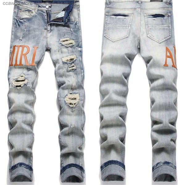 Jeans pour hommes EHMD Jeans brodés à la main hommes style national motif personnalité coton haute élastique pantalon mince 3D High Street Wash 2023 T240109