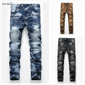 Jeans masculin EHMD jeans de poche zipper de poche masculine décoration de sang masculine couture en tissu extensible rayé 3D entrejambe Slim Impression numérique Nouveau 2021 T240515