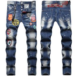 Jeans voor heren, elastisch complex waswater, handgeschilderd Monkey Dot-embleem, hangende decoratie, kleine jeans met rechte pijpen