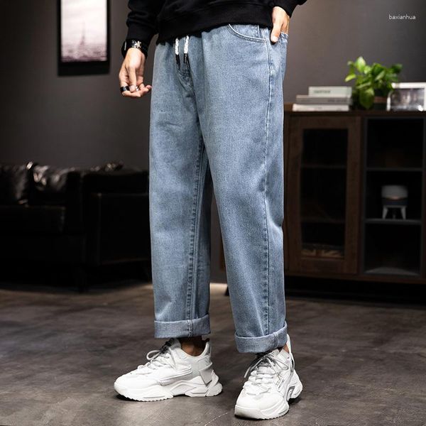 Pantalones vaqueros para hombre Cintura elástica Pantalones anchos rectos de mezclilla de color claro Tendencia Casual Todo-fósforo