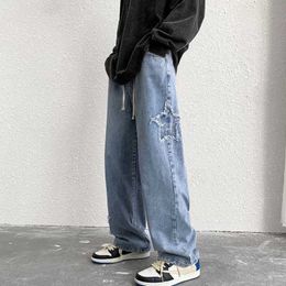 Heren jeans elastische taille heren jeans ins mode borduurwerk denim broek plus size baggy brede broek casual bottoms vintage y2k mannelijke kleding z0301