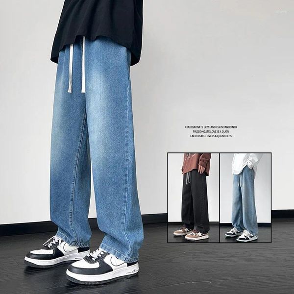 Jeans pour hommes taille élastique jambe large baggy mode coréenne printemps automne rétro surdimensionné mâle cordon design pantalon bleu