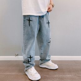 Heren jeans geborduurde jeans mannen recht losse wideleg broek lente en herfst Koreaanse mode hiphop stijl mannelijke broek 230512