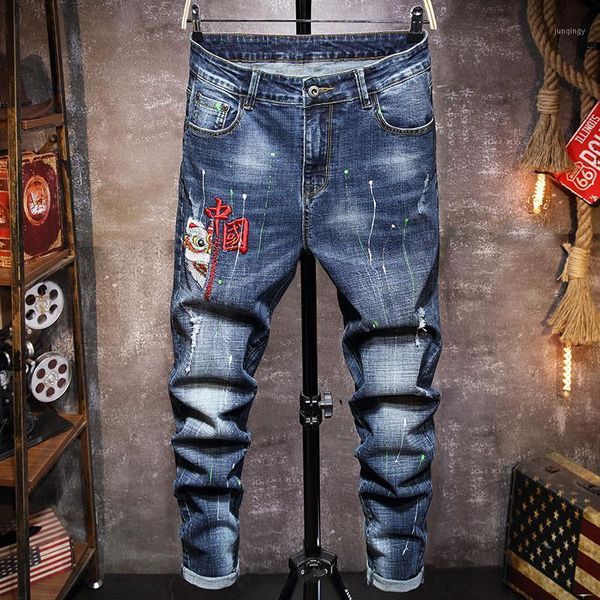 Jeans pour hommes Brodé Lion Caractères Chinois Skinny Splash Ink Denim Pantalon HOMME Jogging Pantalon 28-38