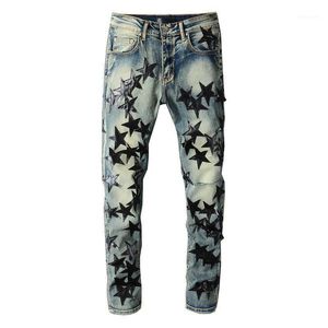 Jeans pour hommes ERENEJIAN Fashion Hi Street Ripped Pants avec cuir Star Patchwork Slim Fit Distressed Denim Pants Washed Blue