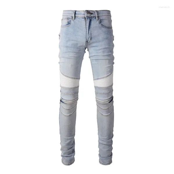 Jeans para hombres EU Drip Biker's Light Blue Streetwear Costillas desgastadas Patchwork Cremalleras laterales rasgadas