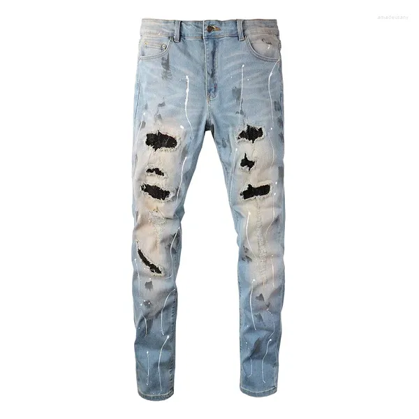 Jeans para hombres EU Drip Blue Parches de diamantes de imitación desgastados Agujeros italianos pintados Slim Fit Stretch Graffiti Ripped