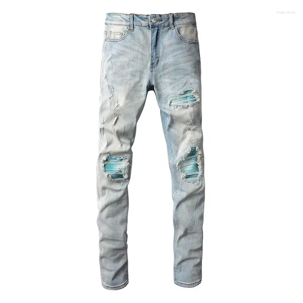 Jeans para hombres EU Drip Denim Azul claro Bigote desgastado Costillas Patchwork Slim Fit Agujeros dañados Estiramiento rasgado