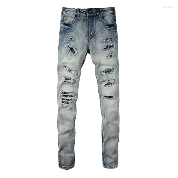 Jeans pour hommes EU Drip Denim Light Blue Moustache Côtes en détresse Patchwork Slim Fit Trous endommagés Stretch Rayé Ripped