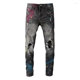 Jeans da uomo EU Drip Denim Grigio chiaro Baffi invecchiati Slim Fit Graffiti Fori danneggiati Stretch verniciato Strappato