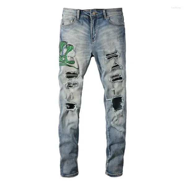 Jeans para hombres UE EE. UU. Goteo Azul claro Bigote desgastado Agujeros dañados Parches de serpiente Ropa de calle Estiramiento rasgado