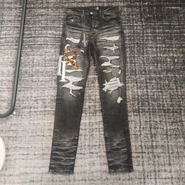 Jeans voor heren Euramerican Fashion Jean Luipaardprint Letterborduurwerk Denim Broek Hoge kwaliteit Mannelijke slanke stretch gescheurde potloodbroek