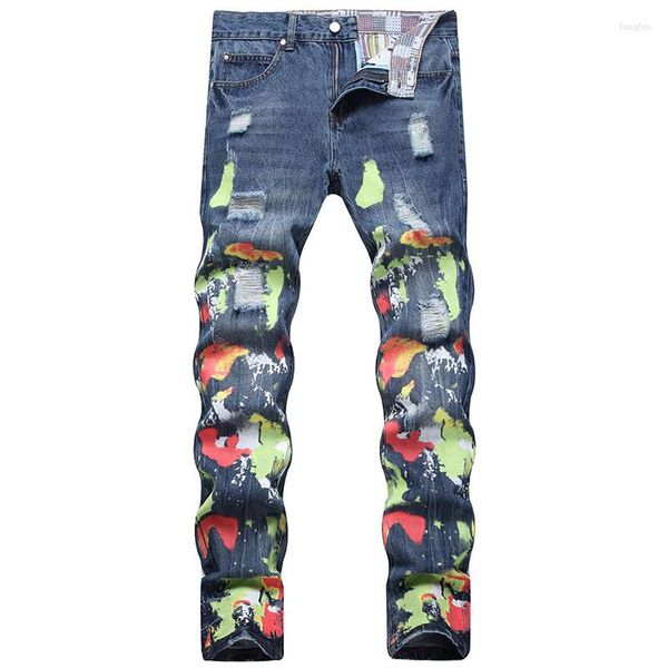 Jeans pour hommes Europe Amérique Peinture de couleur bleue pour hommes Stretch Hip Hop Style Slim Fit évider Denim Pantalons Pantalons pour hommes