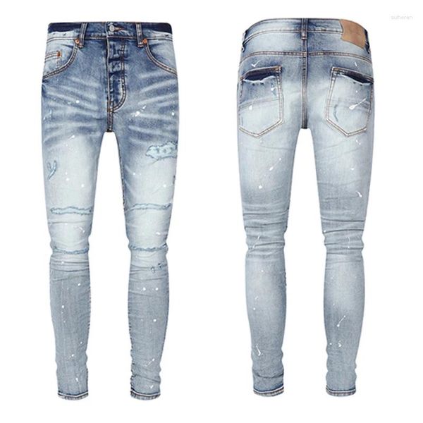 Jeans para hombres Europa Moda americana Púrpura Marca Pantalones de mezclilla High Street Trend Light Blue Do Old Ripped Stretch Slim