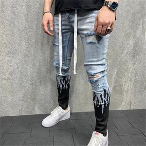 Jeans pour hommes trou effiloché imprimé contrasté flamme Colorblock Skinny Jeans pantalon
