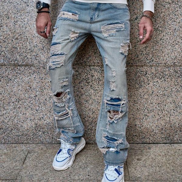 Jeans pour hommes Européen Américain Heavyweight Streetwise Ripped Skinny Stretch Patch pour hommes High Street Fit Casual Slim Crayon Denim