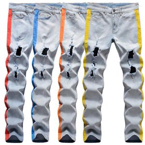 Jeans pour hommes Européen Américain High Street Light Blue Stretch Trou Peint À La Main Stripe Garniture Mode Pantalon Décontracté Hip Hop Vêtements