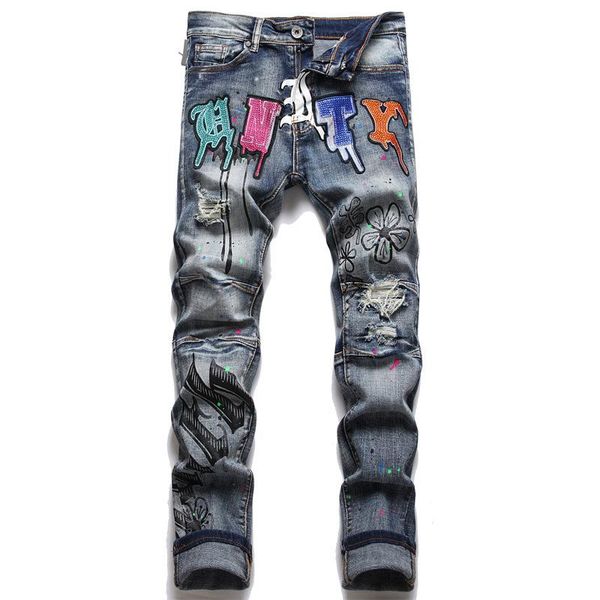 Pantalones vaqueros de hombre americanos europeos ajustados bordados impresos moda costura agujero mendigo pantalones Casual Hip Hop ropa de calle