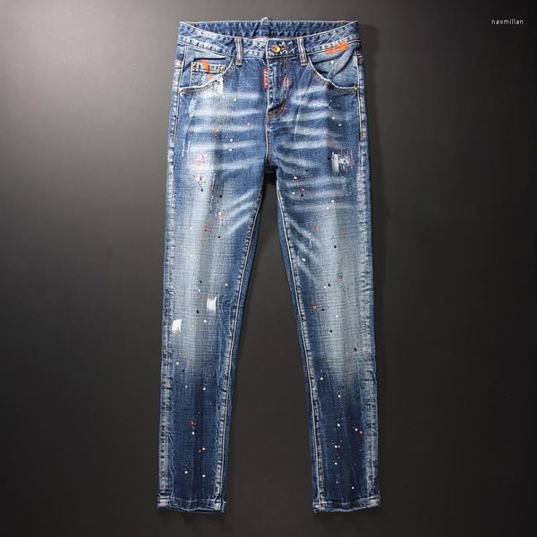 Jeans pour hommes Européen American Street Mode Hommes Rétro Bleu Élastique Slim Ripped Peint Designer Hip Hop Denim Crayon PantalonNaom22