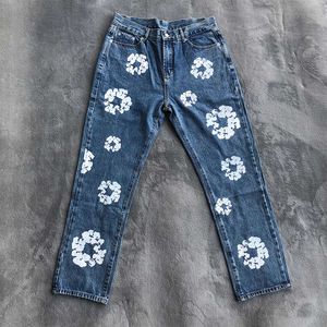 Heren Jeans Europese en Amerikaanse Denim Tranen Herfst Winter Vintage Bloemen Afdrukken Wassen Losse Rechte Jeans