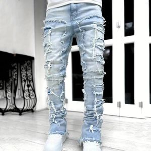 Jeans pour hommes Mode européenne et américaine Hommes Street Patch élastique Droit Ins Ripped Denim Pantalon Rétro 90S Streetwear