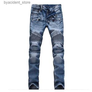 Jeans pour hommes Jeans de flocon de neige de moto de fermeture éclair de pliage européen et américain de haute qualité grande taille ventes directes nouveaux jeans pour hommes Denim grande taille L240313