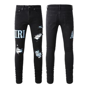 Herenjeans Europese en Amerikaanse high street jeans, versleten patches voor heren, slim fit, lichtblauwe legging