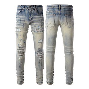 Jeans pour hommes, jeans en détresse, style européen et américain, avec patch graffiti à l'encre éclaboussée, leggings élastiques slim fit