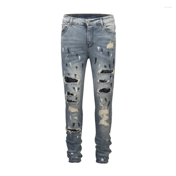 Jeans masculinos europeos y americanos de la calle principal Diamond Splash Tinta Washing Patchwork Patchworking