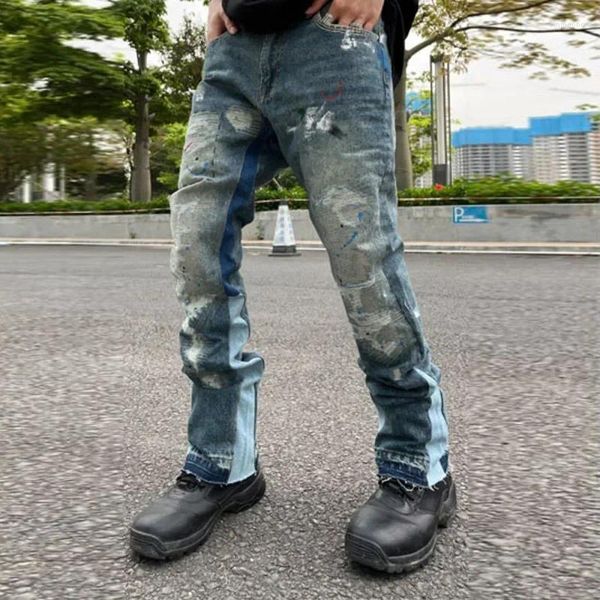 Jeans pour hommes High Street européenne et américaine Hip-Hop Industrie lourde Épissage Micro-évasé Splash-Ink Mode Pantalon ample Ins