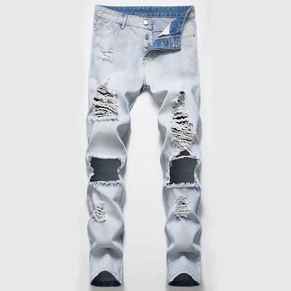 Jeans masculins européen et américain High Strt Denim Jeans Personnalité Big Holes Trends Old Beggar Classic Ruined Hip Hop Pants Y240507