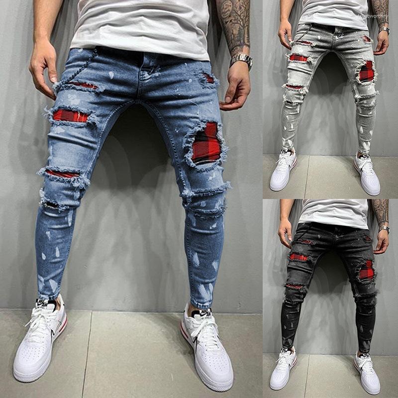 Men's Jeans European And American Slim Fit Tapered Leg Pants Personality Design Color Stitching Painted Ripped Men