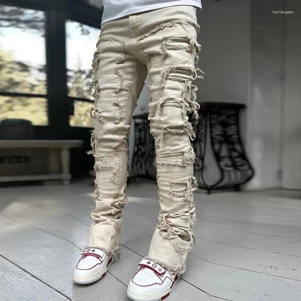 Jeans masculin European et American Street Fashion Instagram Patch élastique Denim Pantalon de jambe droite