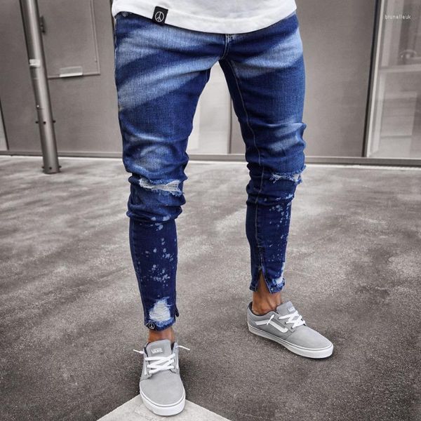 Jeans pour hommes européens et américains déchirés denim peint fermeture à glissière personnalisé ajustement mince déchiré petite jambe maigre hommes