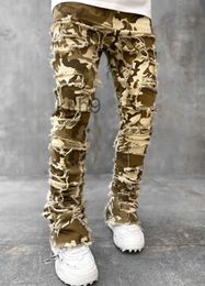 Jeans pour hommes pantalons de camouflage européens High Street Slim Fit Stretch patché Denim déchiré mâle empilé 231031 UO68