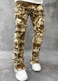 Jeans pour hommes pantalons de camouflage européens High Street Slim Fit Stretch patché déchiré mâle empilé 231031 1XTE