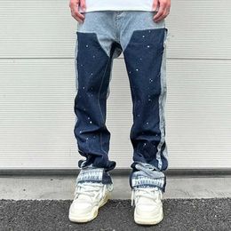 Jeans pour hommes encre européenne pulvérisée jeans évasé pour les hommes Couleur de contraste Looen Fit Streetwear Denim Vêtements Open HEM PANCE POCKET J240507