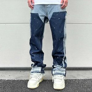 Jeans pour hommes encre européenne pulvérisée jeans évasé pour les hommes Couleur de contraste Looen Fit Strtwear Denim Cloth