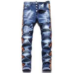 Jeans para hombres Estilo europeo Italia Hombres Marca de moda Pantalones delgados Pantalones de mezclilla para hombre Cremallera Azul Agujero Lápiz para hombres