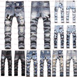 Мужские джинсы в европейском стиле, мужские джинсы с надписью Hombre и вышивкой в стиле пэчворк, рваные для трендовых брендовых мотоциклетных брюк, мужские Skin271E