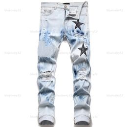 Jeans pour hommes Jean européen Hombre lettre étoile hommes broderie patchwork déchiré pour tendance marque moto pantalon hommes maigre