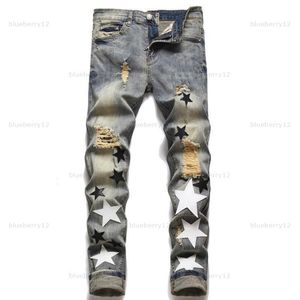 Jeans masculins européen Jean Hombre Letter Star Star Men Embroderie Patchwork Ripped for Trend Brand Motorcycle Pant Mens Skinny Luxury Jeans