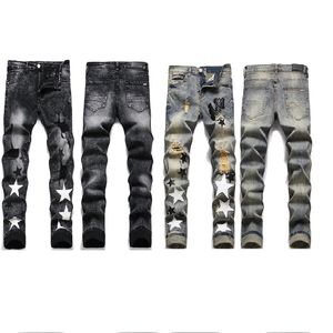 Heren jeans Europese jean hombre brief ster mannen geperforeerd borduren patchwork gescheurd trend merk motorfiets broek heren skinny mode elastische slim fit broek