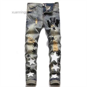 Heren Jeans Europese Jean Hombre Brief Ster Mannen Borduren Patchwork Ripped Skinny Jeans Mannen YU5L